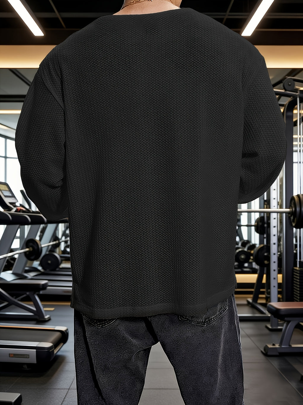 Men's Pullover Crew Neck Loose Fit Long Sleeve T-Shirt, Fitness Training Top, Knitted Fashionable Casual Basic Shirt, Breathable Pullover - Black