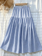 Women'S Multicolor Printed Elastic Waist Tiered Long Skirt, Beige, Spring Summer Fall Style, Bohemian Aesthetic, Picnic And Vacation Wear, Elegant Choice, Street Photography, Teacher Outfit - Blue