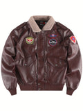 New Autumn and Winter PU Leather Jackets, Men's Motorcycle PU Leather Jackets, Trendy Youth Baseball Jackets, Embroidered PU Leather Jackets, Men's Thickened Winter Flight Jackets, Lapel Motorcycle Jackets, and Tops - Burgundy