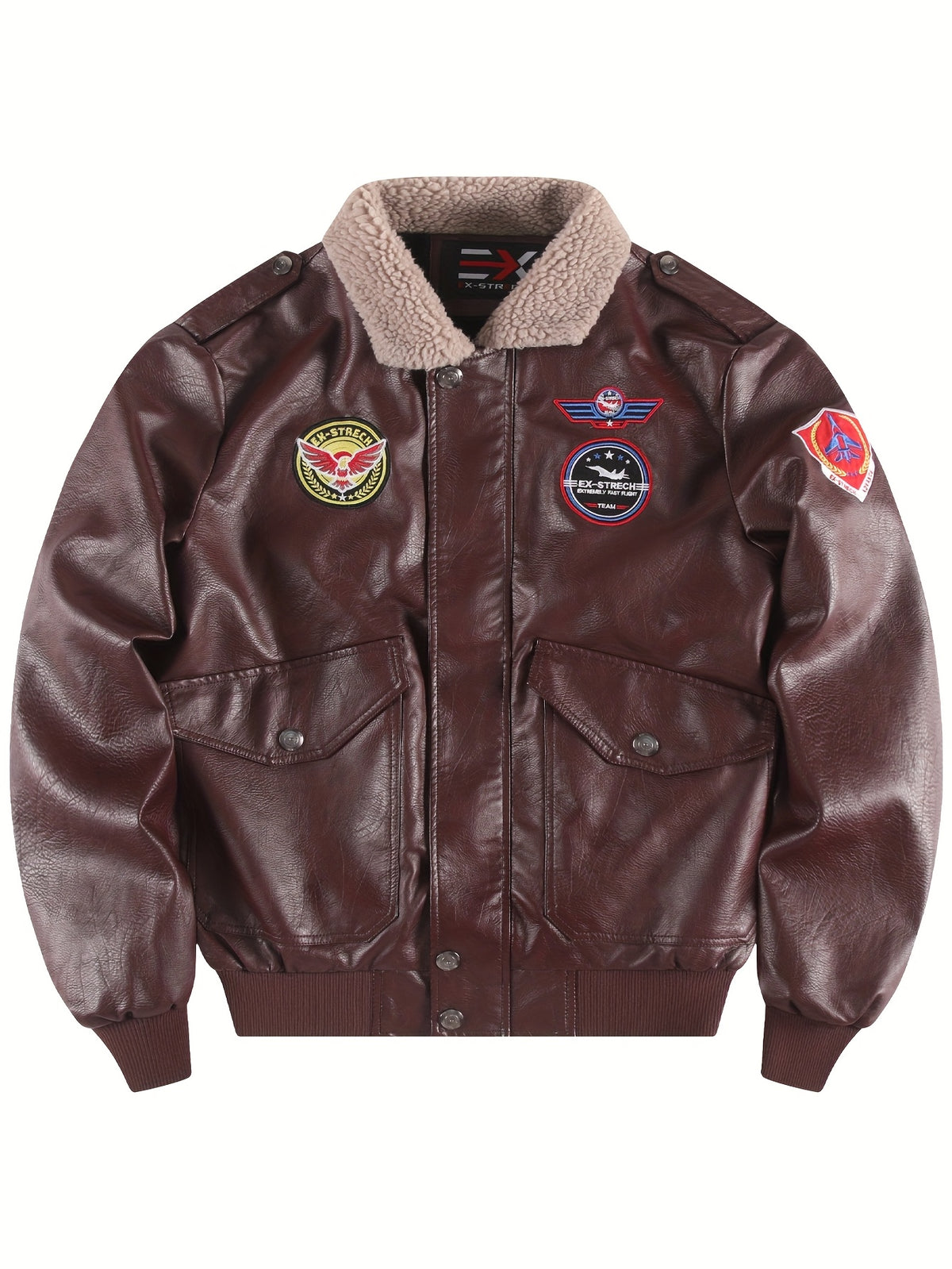 New Autumn and Winter PU Leather Jackets, Men's Motorcycle PU Leather Jackets, Trendy Youth Baseball Jackets, Embroidered PU Leather Jackets, Men's Thickened Winter Flight Jackets, Lapel Motorcycle Jackets, and Tops - Burgundy