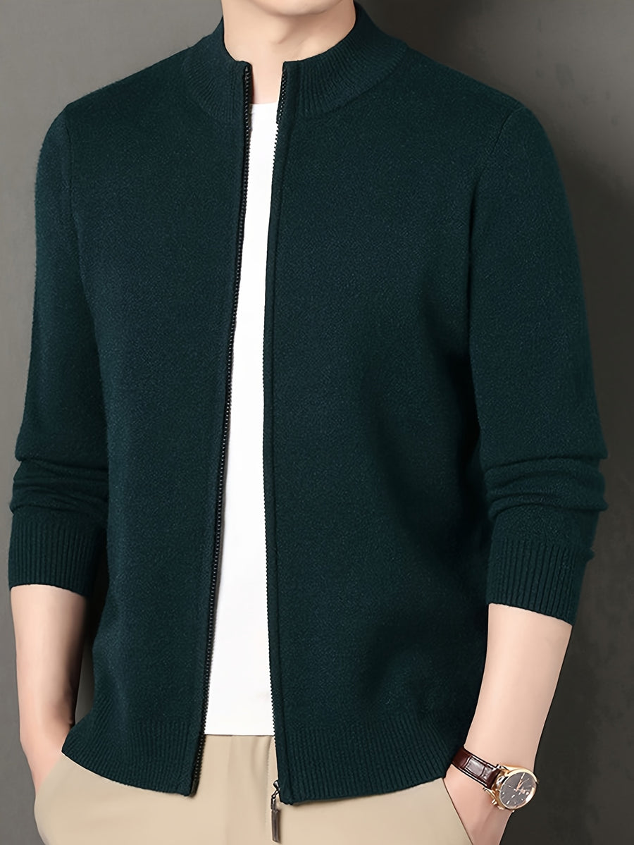 Men's Stand Collar Zipper Solid Color Knit Cardigan, Business Casual Style, Simple Solid Color, Slim Fit Not Tight, Versatile and Practical - Dark Green