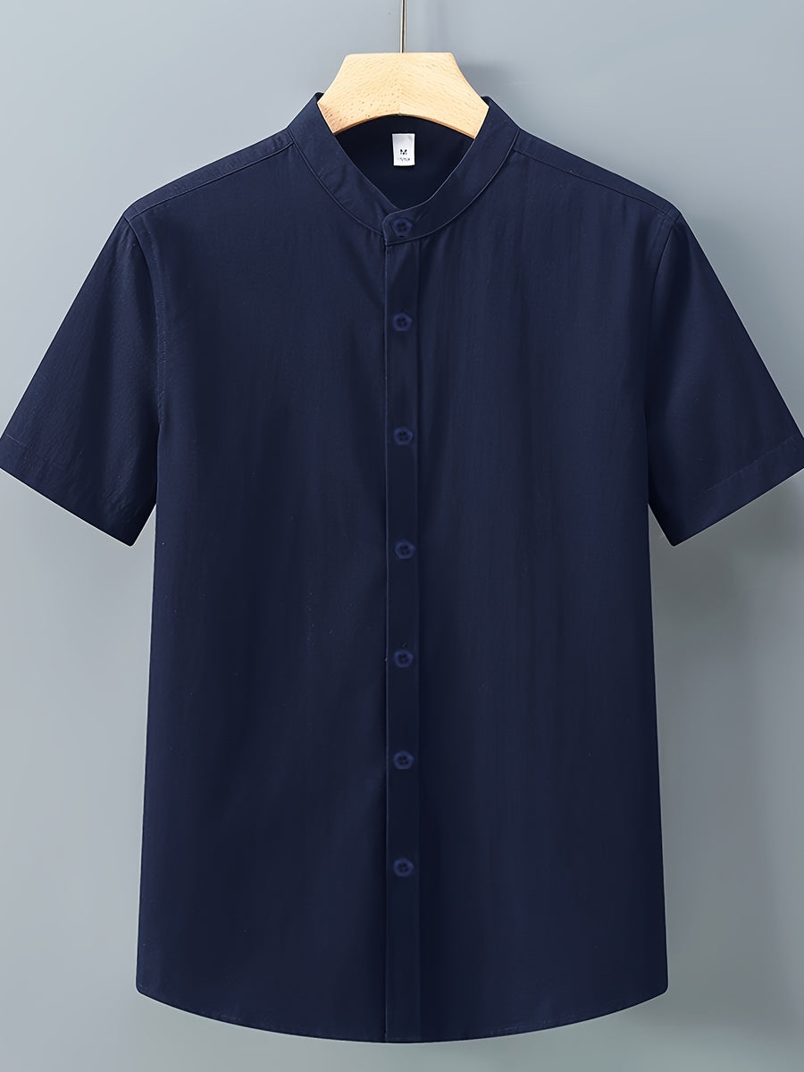 Single-piece Solid-colored Men's Short-sleeved Shirt, Classic Button-up Cardigan Style, Loose and Unrestricted, Available in Multiple Colors, Suitable for Office Wear, Casual Outings, and More. - Navy Color
