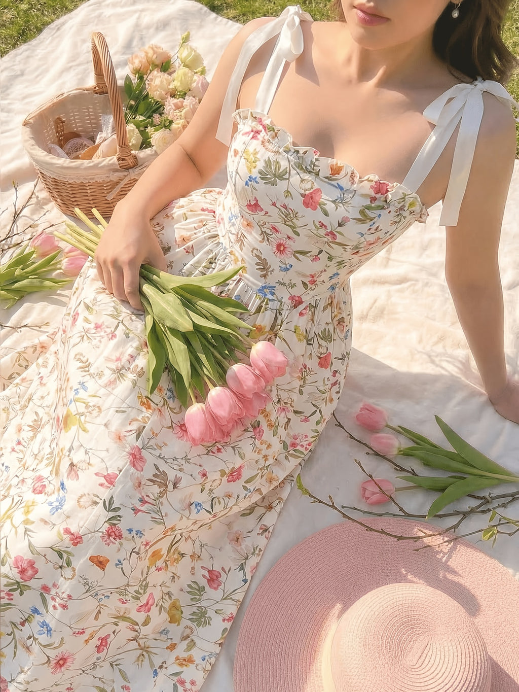 Sweet Floral Print Spaghetti Strap Tie-Up Dress, Waist-Cinching Flared Maxi Dress, Bow Strap Princess Dress, Elegant Vintage Pastoral Style - Multicolor