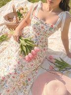 Sweet Floral Print Spaghetti Strap Tie-Up Dress, Waist-Cinching Flared Maxi Dress, Bow Strap Princess Dress, Elegant Vintage Pastoral Style - Multicolor