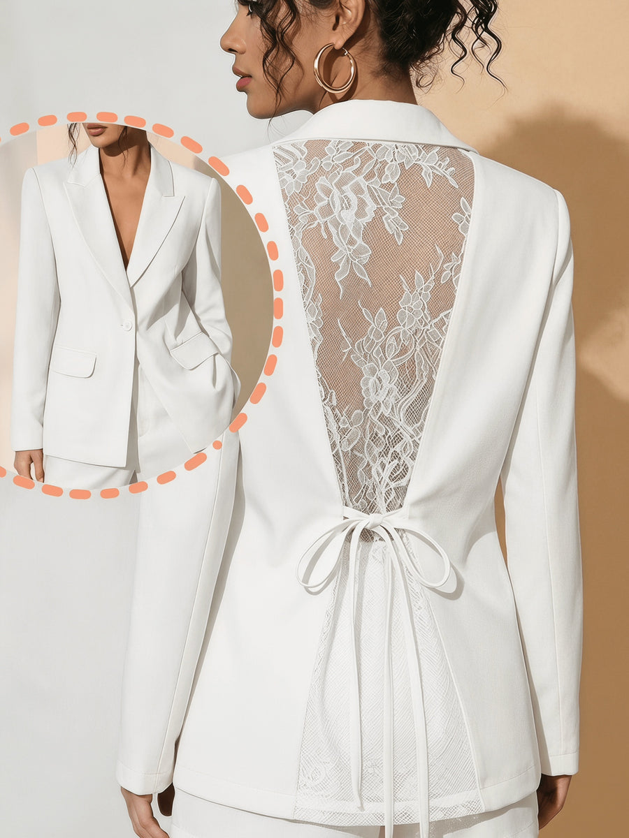Western Style Blazer with Lace Patchwork, Elegant Temperament Tie-Up Design - White