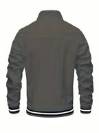 Men'S Sports Solid Color Stand-Up Collar Jacket, Color Striped Rib Hem, Lightweight And Windproof, Creative Three-Bar Totem Design Elements, Suitable for Jogging in Spring And Autumn, Daily Casual Versatile - Dark Gray