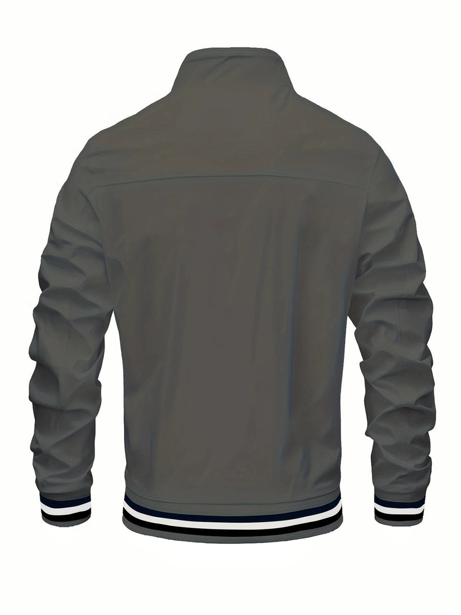 Men'S Sports Solid Color Stand-Up Collar Jacket, Color Striped Rib Hem, Lightweight And Windproof, Creative Three-Bar Totem Design Elements, Suitable for Jogging in Spring And Autumn, Daily Casual Versatile - Dark Gray