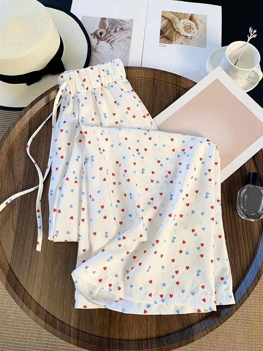 High-Waisted Loose Long Pants with Double-Color Heart Print - Mixed colors