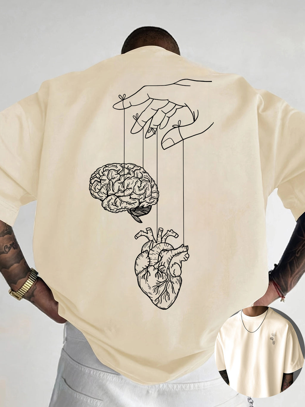 Creative Front and Back Printed Graphic Crew Neck T-shirt, Pure Cotton Summer Trendy Fashion Short Sleeve, Casual Daily Style Top, Essential for Outings and Leisure, an Excellent Gift Choice - Apricot