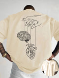 Creative Front and Back Printed Graphic Crew Neck T-shirt, Pure Cotton Summer Trendy Fashion Short Sleeve, Casual Daily Style Top, Essential for Outings and Leisure, an Excellent Gift Choice - Apricot