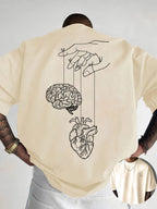 Creative Front and Back Printed Graphic Crew Neck T-shirt, Pure Cotton Summer Trendy Fashion Short Sleeve, Casual Daily Style Top, Essential for Outings and Leisure, an Excellent Gift Choice - Apricot