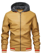 2026 New Best Choice 1pc Men'S Faux Leather Solid Color Hooded Lining Fleece Faux Leather Jacket Metal Zipper Multi-Pocket Design Casual Light Business Style Fall Slim Commute Daily Coat - Yellowish-brown