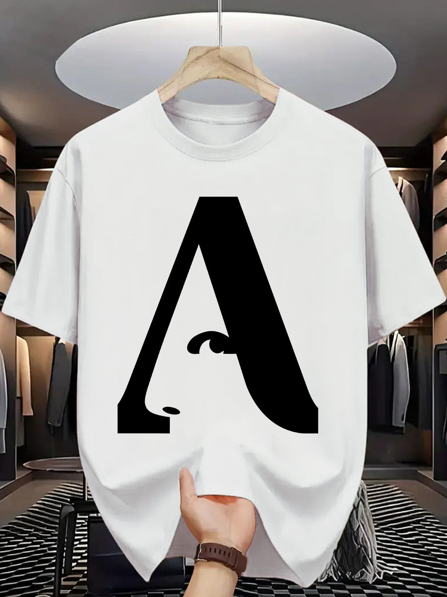 Men's T-Shirt with Letter A Print - Casual Wear - White