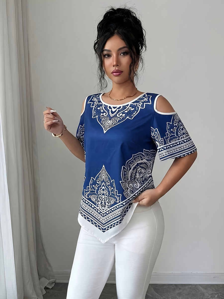 Women's Elegant Asymmetrical Hem Blouse Top - Short Sleeve Round Neck Church Shirt with Asymmetrical Hemline, Black & White Print Suitable for Commuting, Church Events, Casual Outfits, Spring Summer Fall Wardrobe Essential - Blue