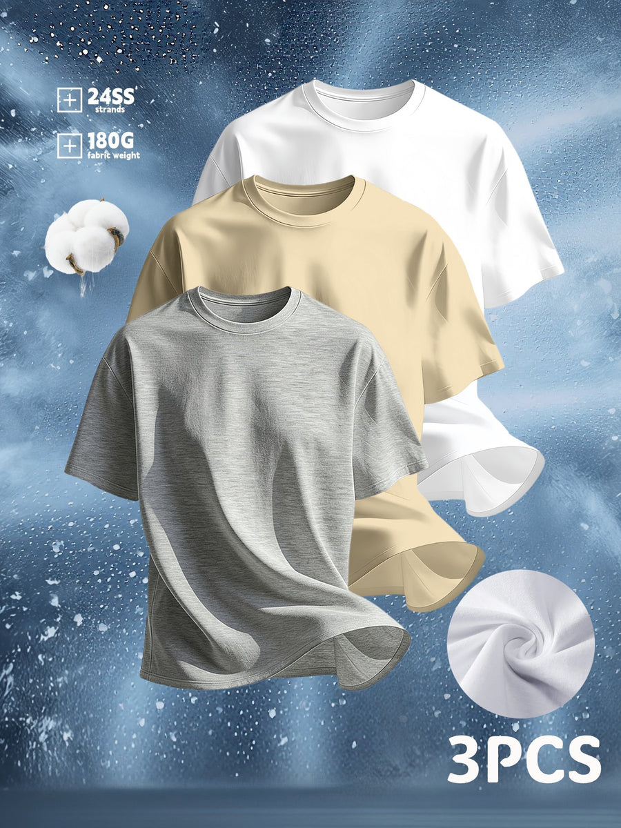 Men's 100% Pure Cotton T-Shirt 3pcs Set - Minimalist Design Label, Solid Color Casual Crew Neck Short Sleeve Top, Multiple Colors Available - Bulk for Daily Wear and Layering, Machine Washable, Versatile Casual Essential, Breathable Fabric, Do Not - Hemp Gray, Khaki, White