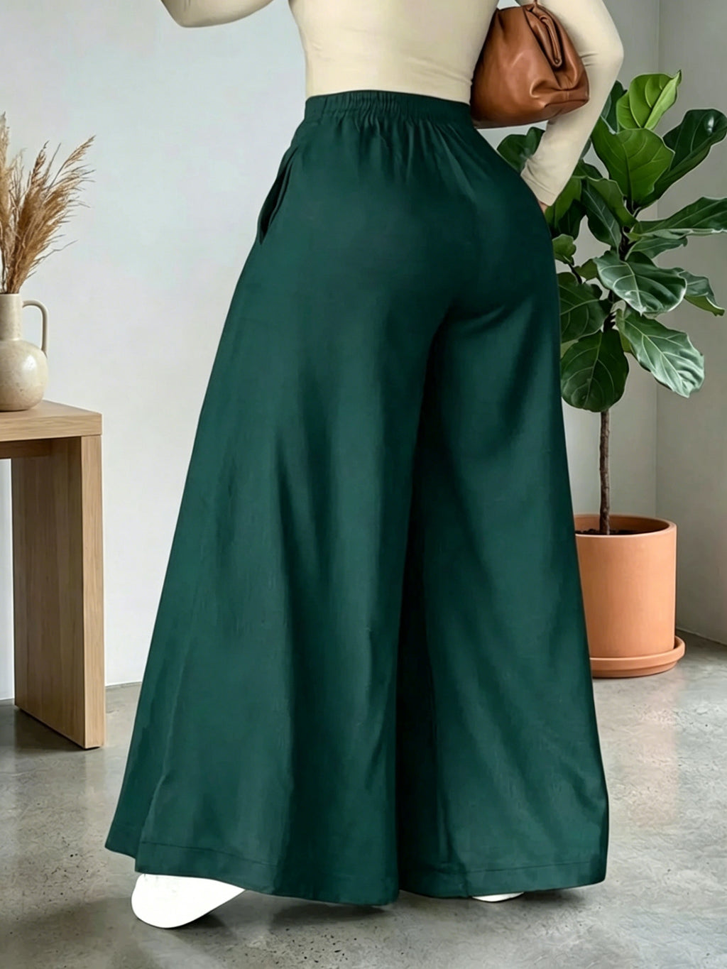HMY Women's High-Waisted Wide-Leg Suit Pants, High-Quality Draping Fabric, Loose-Fit Straight-Leg Floor-Length Casual Trousers + Tab Lan - Dark Green