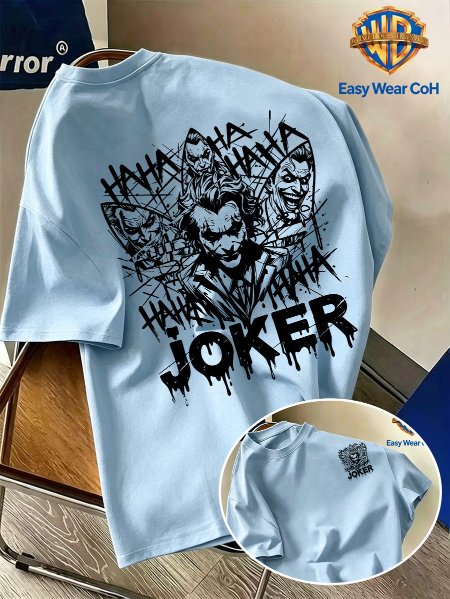 Warner Bros. Official New Academic Style Men's Short-Sleeve T-Shirt, Unique Print to Avoid Duplication - Black and White Graffiti JOKER Clown Sketch Hand-Drawn Line Art Creative Pattern Print, Dark Personality, Comfortable - Light Blue