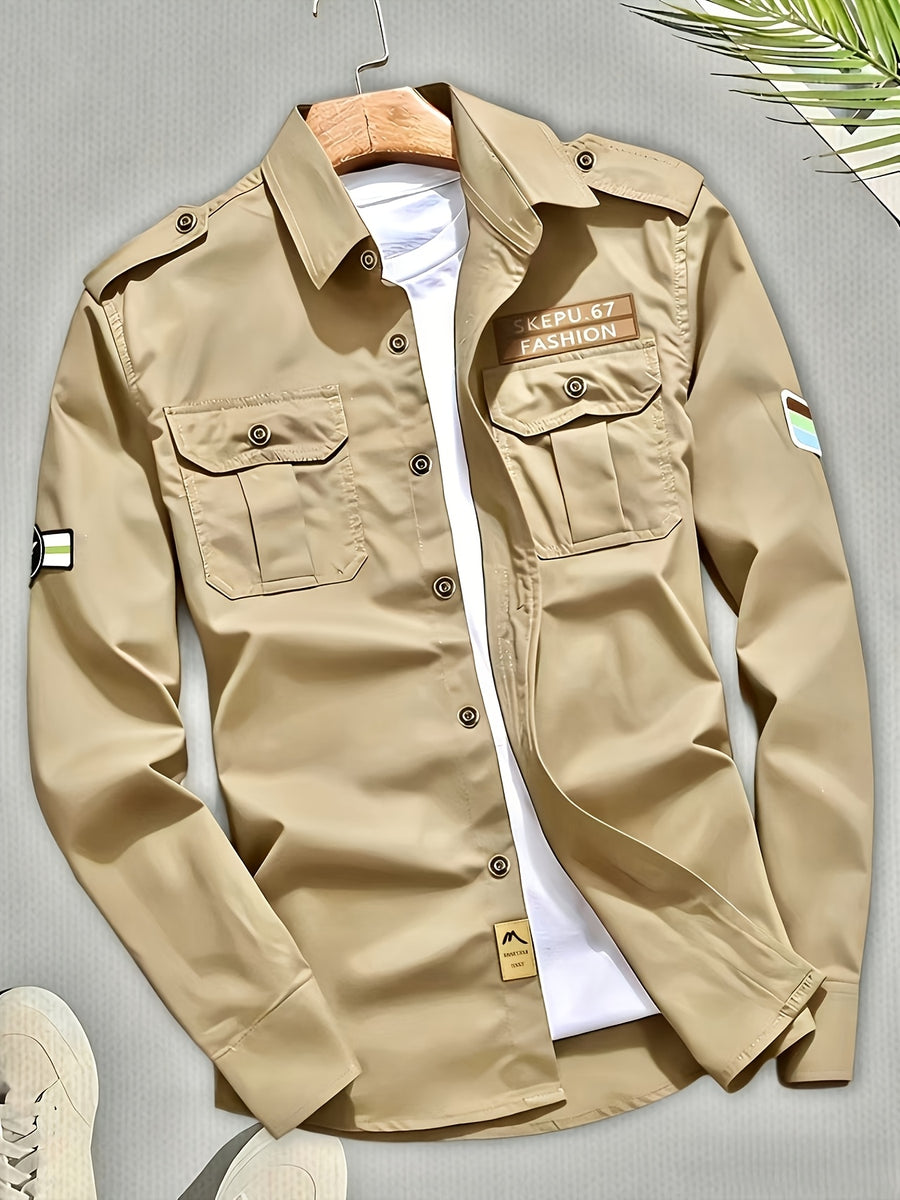 Taro Rice OBM Men's Streetwear Workwear Long Sleeve Shirt in Black, Navy Blue, Khaki, with Star Armband Patch Design and Multi-Pocket Functional Style Top, Smart Casual - Khaki