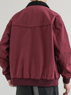 Jingmeleng Selection Men's New Outdoor Workwear Vintage Lapel Jacket - Contrast-Color Corduroy Collar - Solid Color Fabric with Drawstring - Metal Vintage YKK Zipper - Hem and Cuff Ribbed Design - Loose Fit Fashionable Trendy Casual Outerwear - Chili Fruit Red