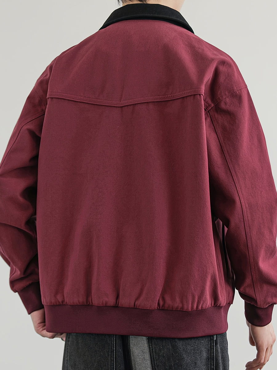 Jingmeleng Selection Men's New Outdoor Workwear Vintage Lapel Jacket - Contrast-Color Corduroy Collar - Solid Color Fabric with Drawstring - Metal Vintage YKK Zipper - Hem and Cuff Ribbed Design - Loose Fit Fashionable Trendy Casual Outerwear - Chili Fruit Red