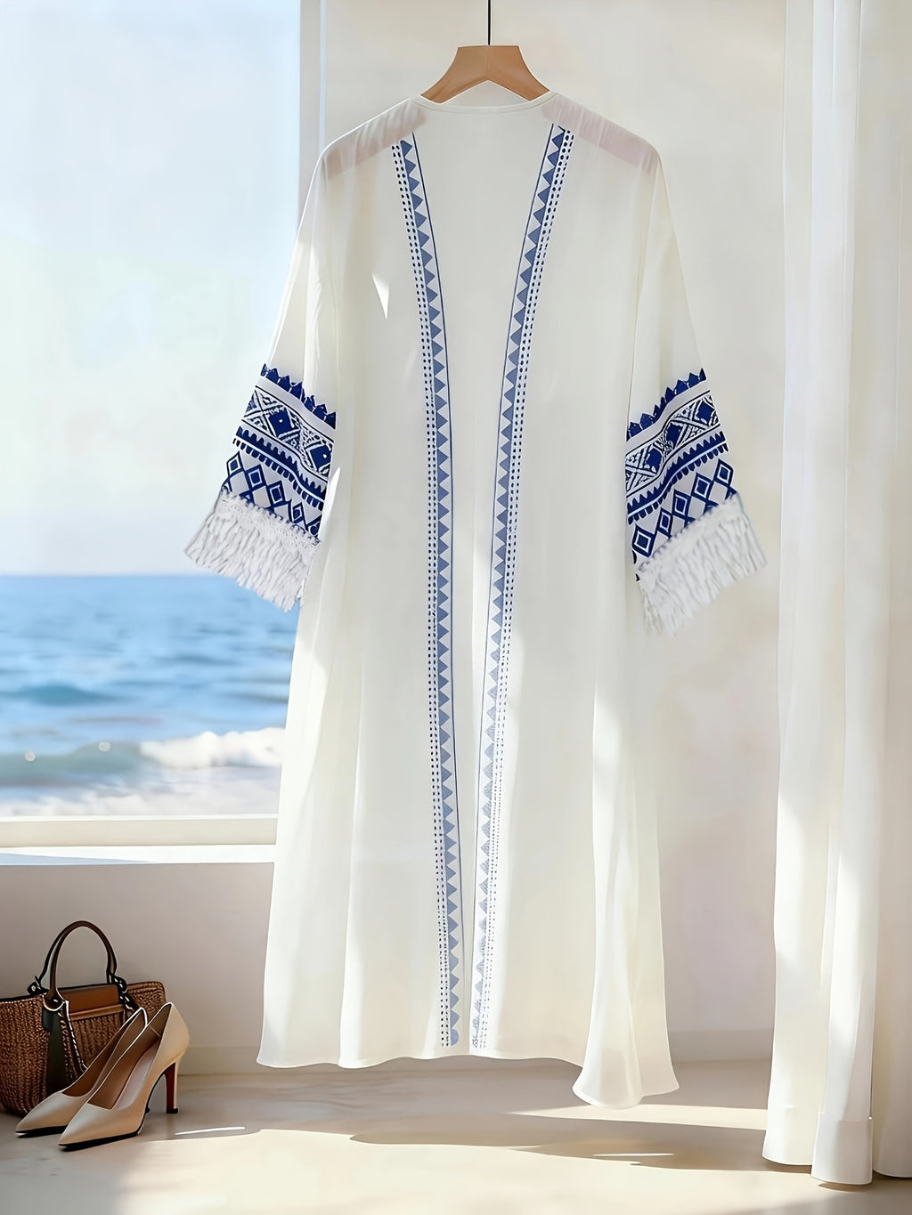 Women'S Geometric Lace Trim Pattern Chiffon Casual Beach Cover-Up, Versatile for Vacation, Daily Wear, Commute, Fashion, French Style, Business Occasions, Spring Summer Wear, 3/4 Sleeve Design, Lightweight Cover Top - White