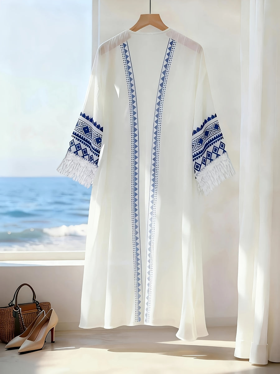 Women'S Geometric Lace Trim Pattern Chiffon Casual Beach Cover-Up, Versatile for Vacation, Daily Wear, Commute, Fashion, French Style, Business Occasions, Spring Summer Wear, 3/4 Sleeve Design, Lightweight Cover Top - White