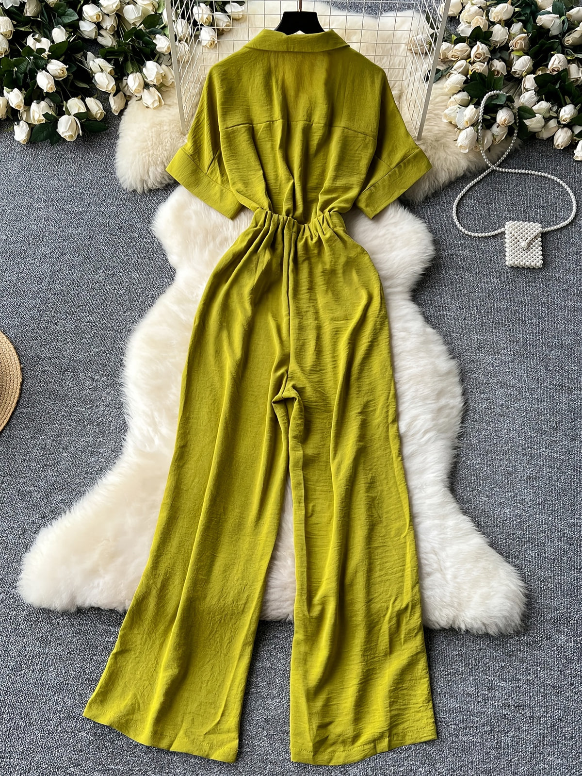 Fashionable High-waist Jumpsuit with a Suit-style Collar, Perfect for Summer Parties, Anniversaries, Valentine's Day, Birthdays, and as Work Attire to Surprise Others. Summer Women's Jumpsuit - Tender Green