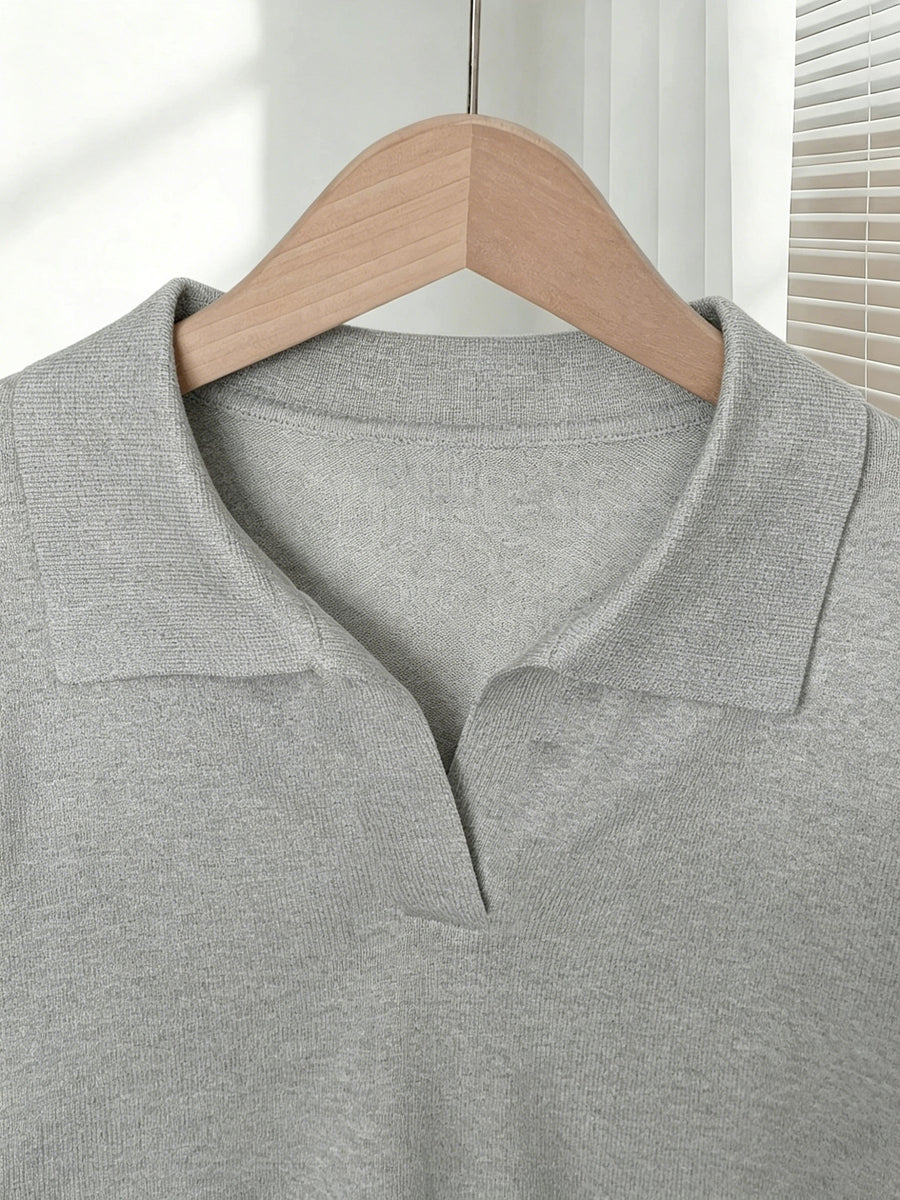 France Ladies Spring/Summer White Easy Casual Lapel Short Sleeve Slim Top, Suitable for Daily Wear, Summer Vacation, Spring Wear, Elegant And Fashionable - Grey