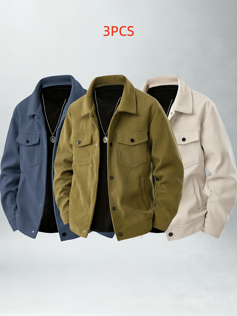 Casual Corduroy Work Jacket 3pcs Set Youth Daily Outing Lapel Top - Khaki + Blue + Apricot