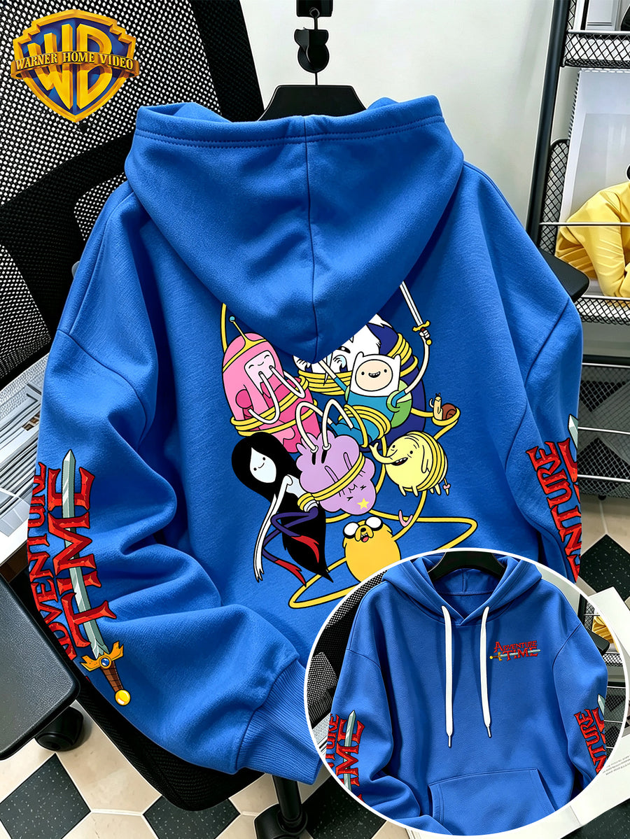 Adventure Time Full Character Wrap Group Cartoon Pattern Print Hooded Sweatshirt - Men'S Casual All-Match Pullover, Comfortable Autumn/Winter Wear, for Sports, Outdoors, Picnics, Travel, Daily/Commute/Home Choice - Blue