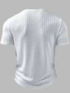 Men'S Fashion Men'S Top, Spring Summer Outdoor Casual Fresh Texture Jacquard Fabric Solid Color Round Neck Single-Button Pocket Patchwork Short Sleeve Men'S Henley Shirt - White