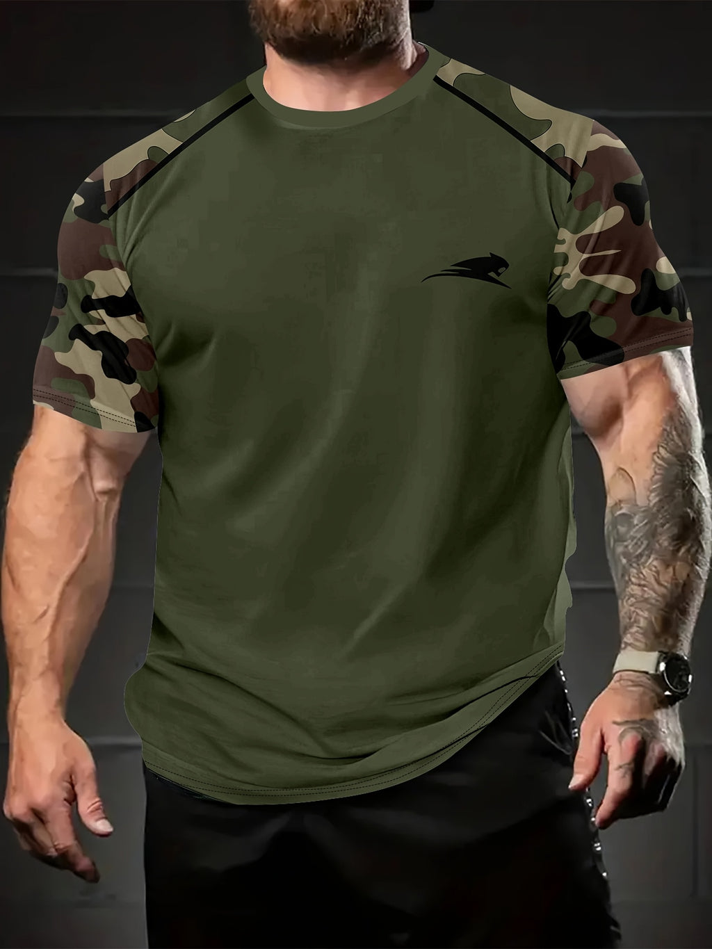 Men'S Spliced Camo Panther Logo Short Sleeve T-Shirt, Easy Breathable Crew Neck Top, Great Gift for Outdoor Workout Fitness Daily Sports Wear - Olive Green