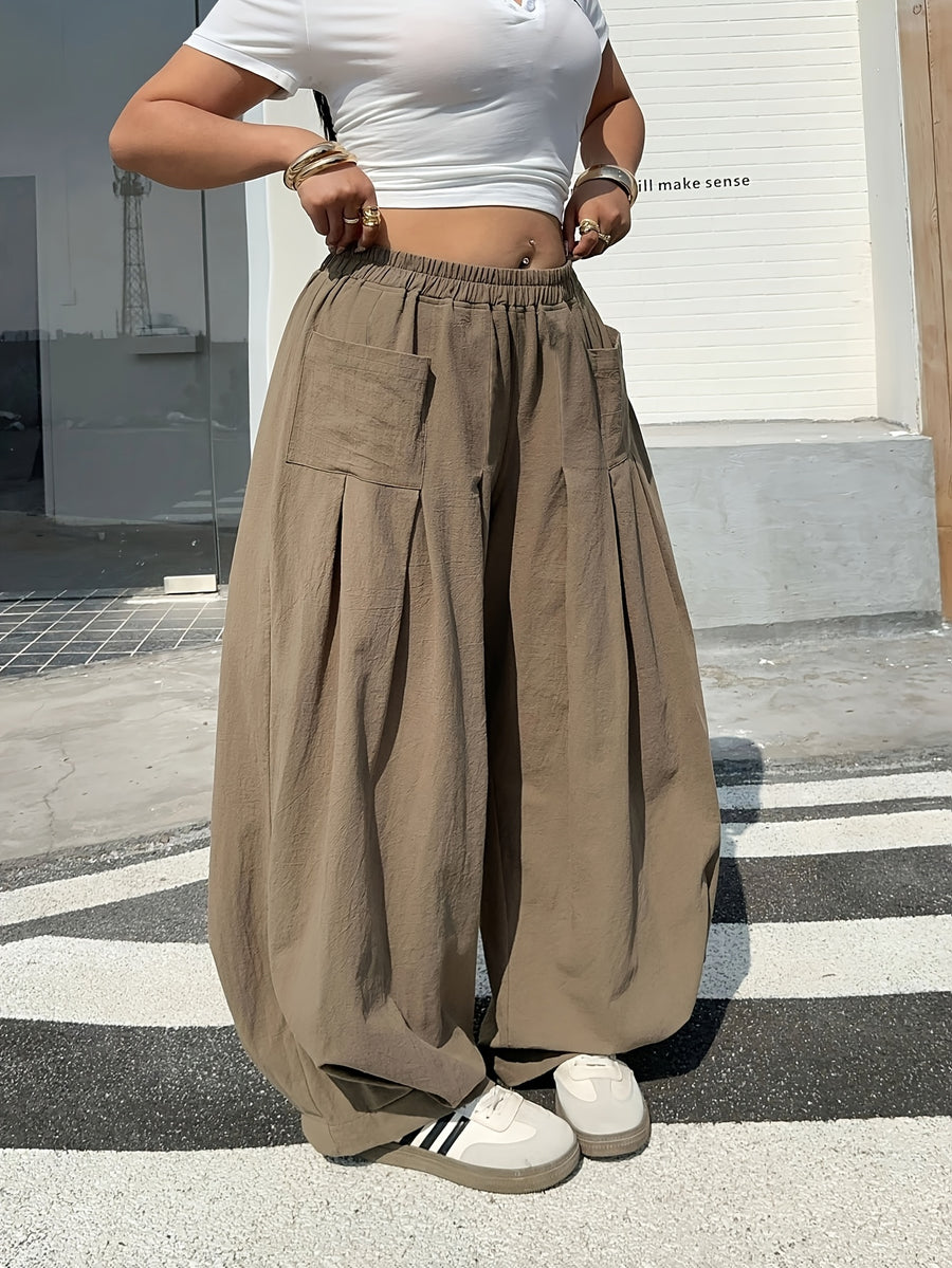 Plus Size, Plus Size Women's Solid Color Elastic Waist Pleated Wide-Leg Pants - Khaki