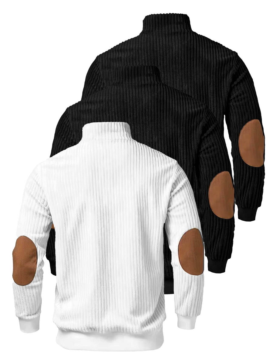 A 3pcs Men's Top Featuring Ribbed Cable-knit with Brown Block Design, Stand-up Collar, and Zipper Closure, Suitable for Both Daily Commutes and Formal Occasions, Offering a Casual yet Elegant Look - Black+black+white
