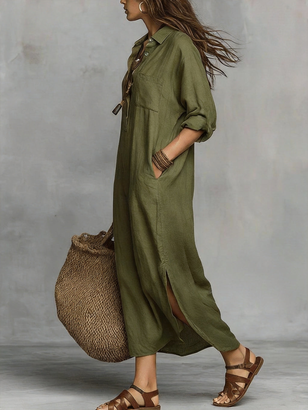 Women's Elegant Lapel Loose-Fit Long Sleeve Maxi Dress, Skin-Friendly and Breathable Faux Linen Fabric, Versatile for Vacation, Commuting, and Daily Wear, Flattering and Minimalist Design, Relaxed Style Long Dress for Spring, Summer, and Autumn - Military Green