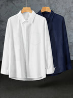 Early Spring/Autumn Value Two-Pack Thin Trendy Men's Long-Sleeve Striped Shirt, Versatile Fashion Casual Business High-End Outerwear Shirt - Blue+White