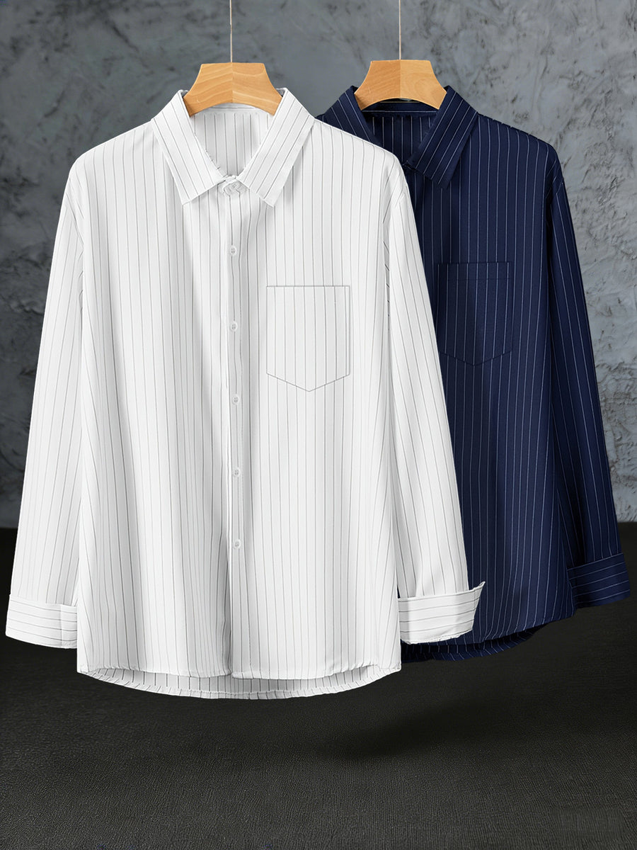Early Spring/Autumn Value Two-Pack Thin Trendy Men's Long-Sleeve Striped Shirt, Versatile Fashion Casual Business High-End Outerwear Shirt - Blue+White