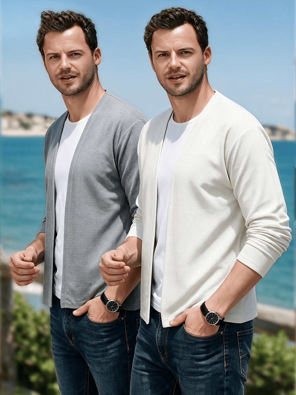 LVLAEA Christmas Pre-Heating 2pcs Set Men'S Knit Cardigan Long Sleeve Knit Casual No-Button Cardigan Spring Autumn Men'S Solid Color Jacket Middle-Aged Fashion Air-Conditioned Shirt Outerwear Men'S Style, Suitable for Outings And Leisure - White+Light Grey