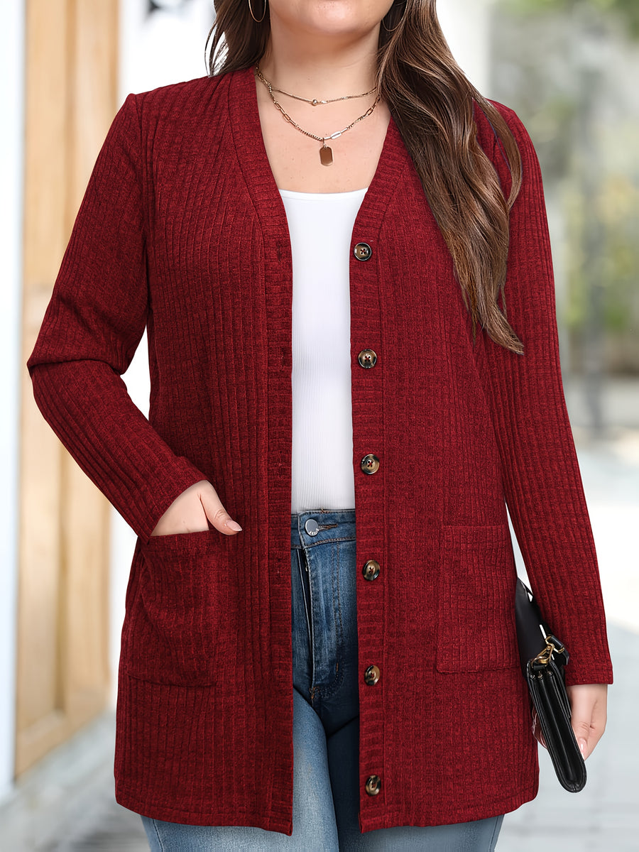 Women's Fashion Warm Cardigan with Pockets - Burgundy