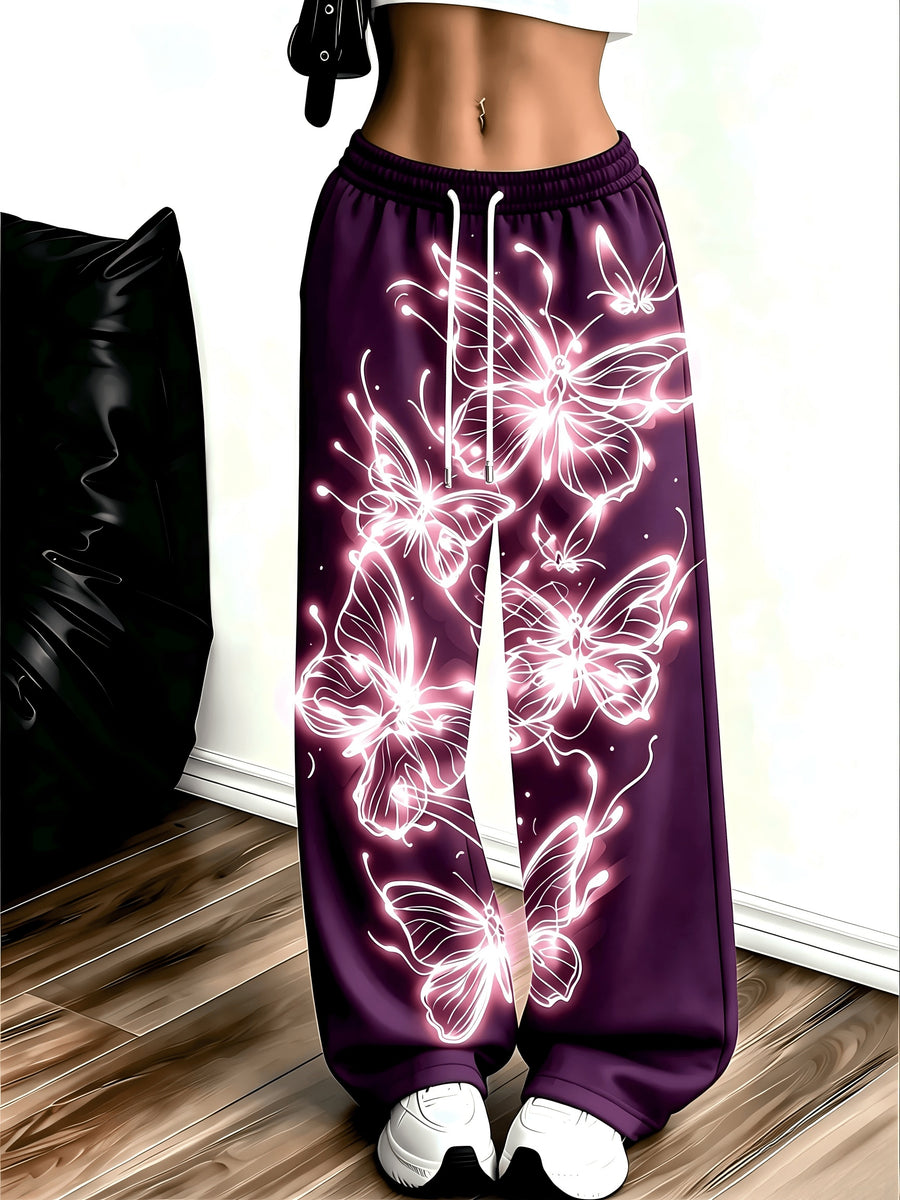 Women's Neon Butterfly Glow-in-the-dark Pattern Jogging Pants with Pockets, Elastic Waistband, and Straight-leg Design - Fuchsia