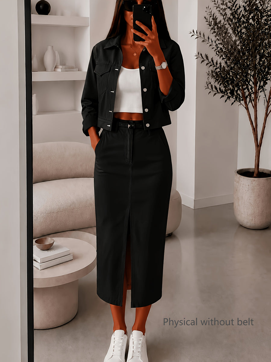 Autumn Winter Women'S Skirt And Jacket Two-Piece Set, Slit Midi Skirt And Short Jacket Long Sleeve Outerwear - Black
