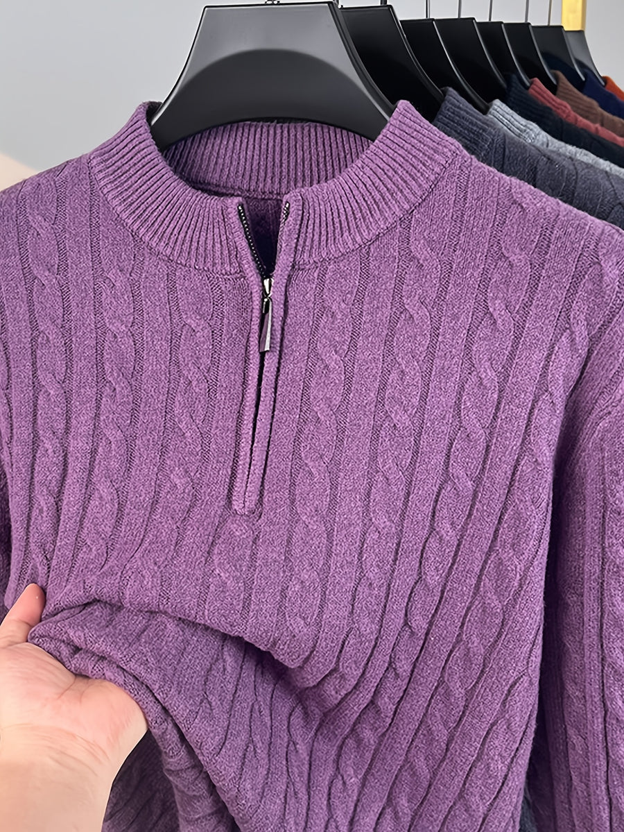 Men'S Half-Zip Jacquard Knit Sweater, Retro Luxury, Breaking The Monotony of Middle-Aged Sweaters, Suitable for Business Casual - SINBOS - Light Purple