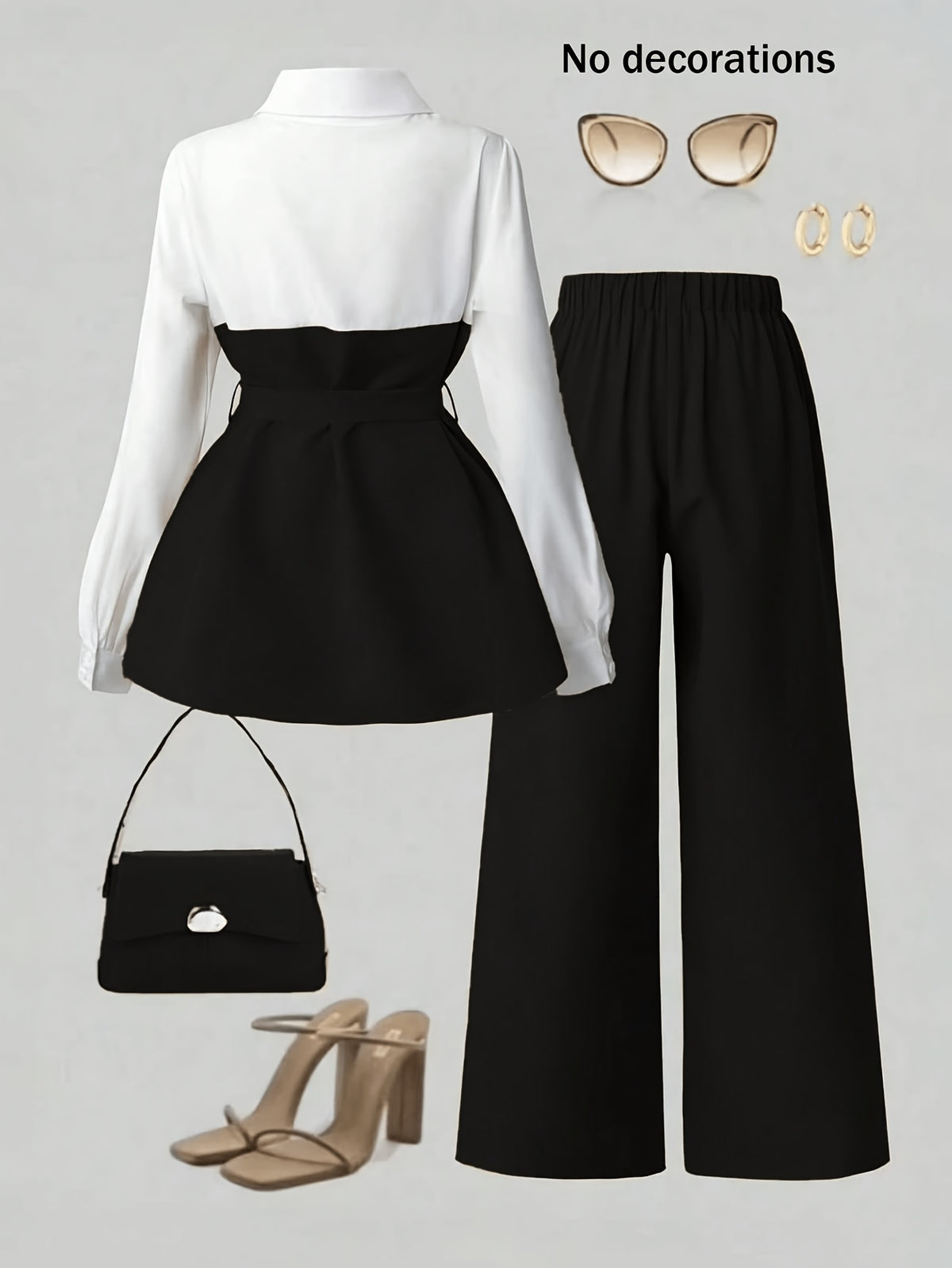 Women's Elegant 2pcs Office Set, Lapel Long-Sleeve Top with Slit Wide-Leg Pants, Business Commuter Style Outfit - Black