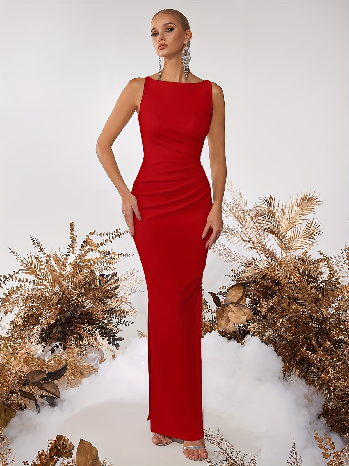 Straight Neck Side Slit Slim Fit Prom Party Cocktail Reception Formal Ladies Dinner Dress - Red