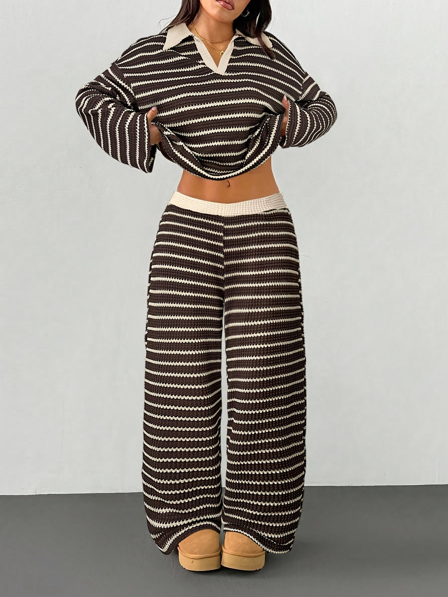 YY0909001 Women's 2pcs Set Loose Striped V-Neck Drop Shoulder Long Sleeve T-Shirt and Elastic Waist Striped Pants - Coffee Brown