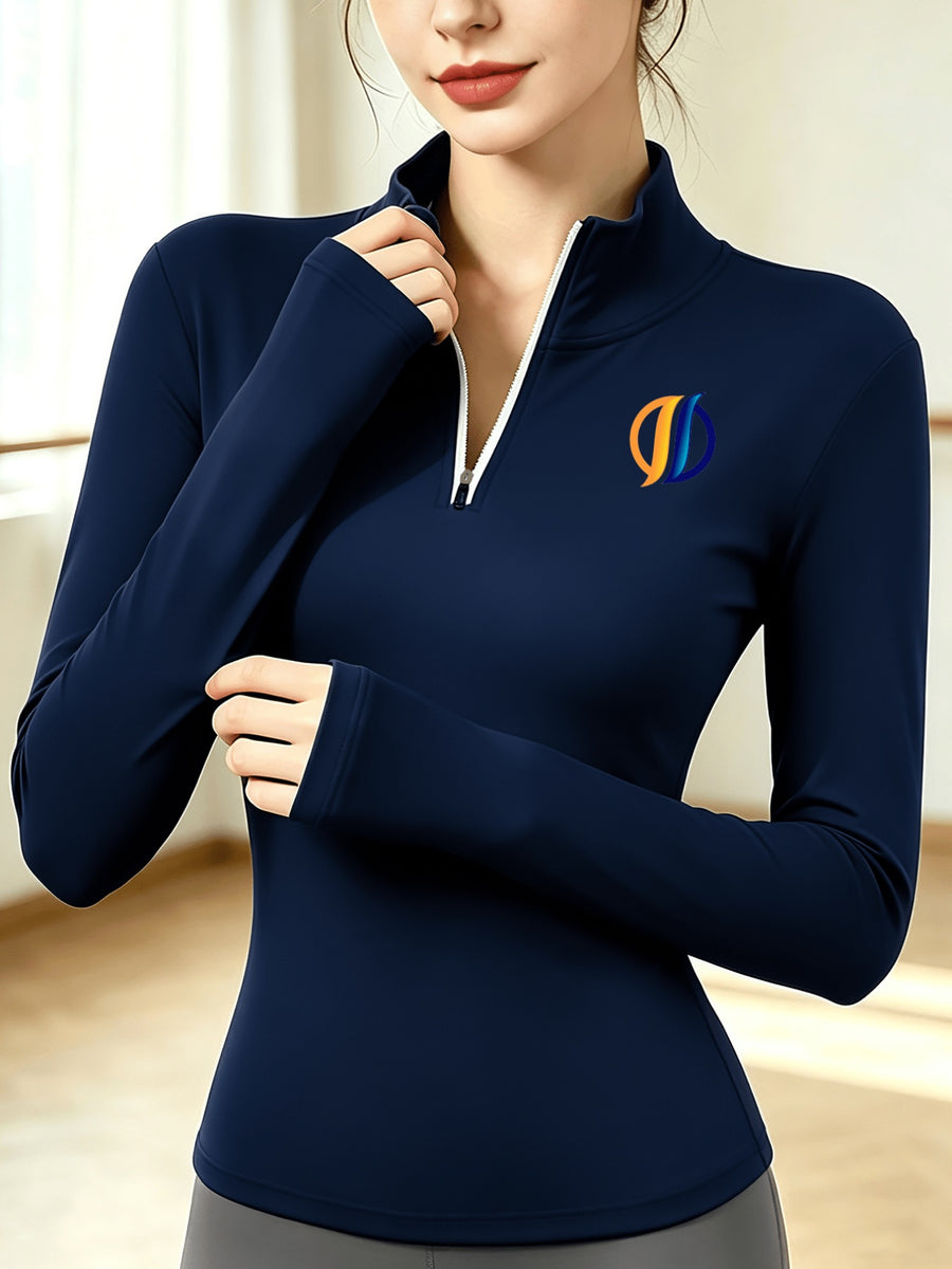 Women'S Solid Color Half-Zipper Long Sleeve Top, Waist-Cinching Warm T-Shirt - Royal Blue