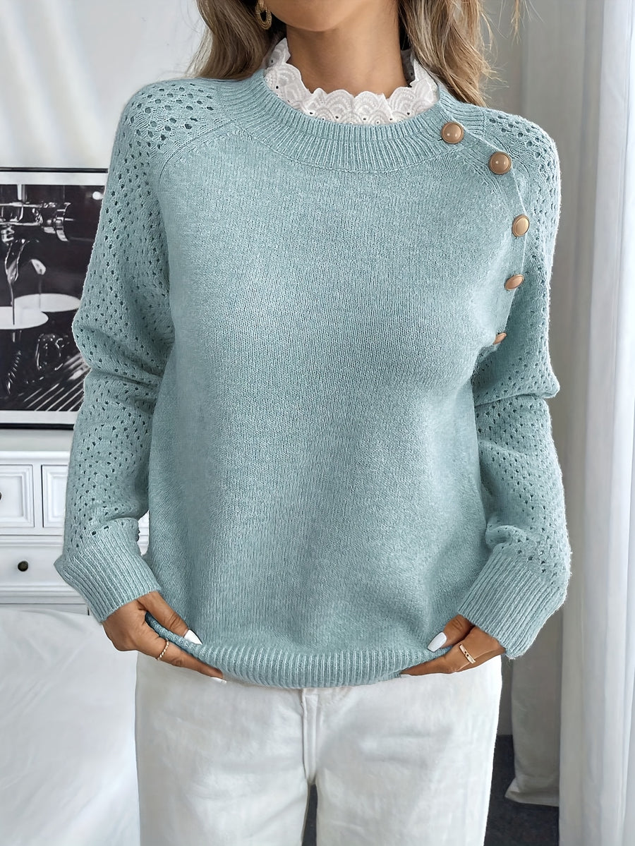 Vika Directional 2025 Autumn Winter Lace Round Neck Pullover Long Sleeve Sweater - Powder blue