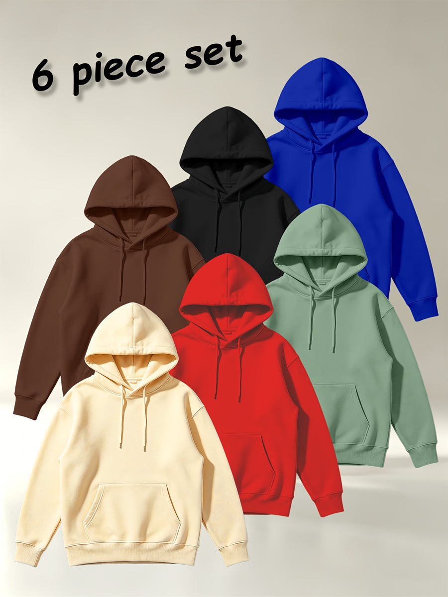 [Villa Joy Water OBM] 6pcs Set Solid Color Basic Hooded Sweatshirt Set Unisex Multi-Color Loose Pullover with Kangaroo Pocket Basic Style Autumn Winter Hoodie Combination - Apricot + Red + Light Green + Brown + Black + Royal Blue