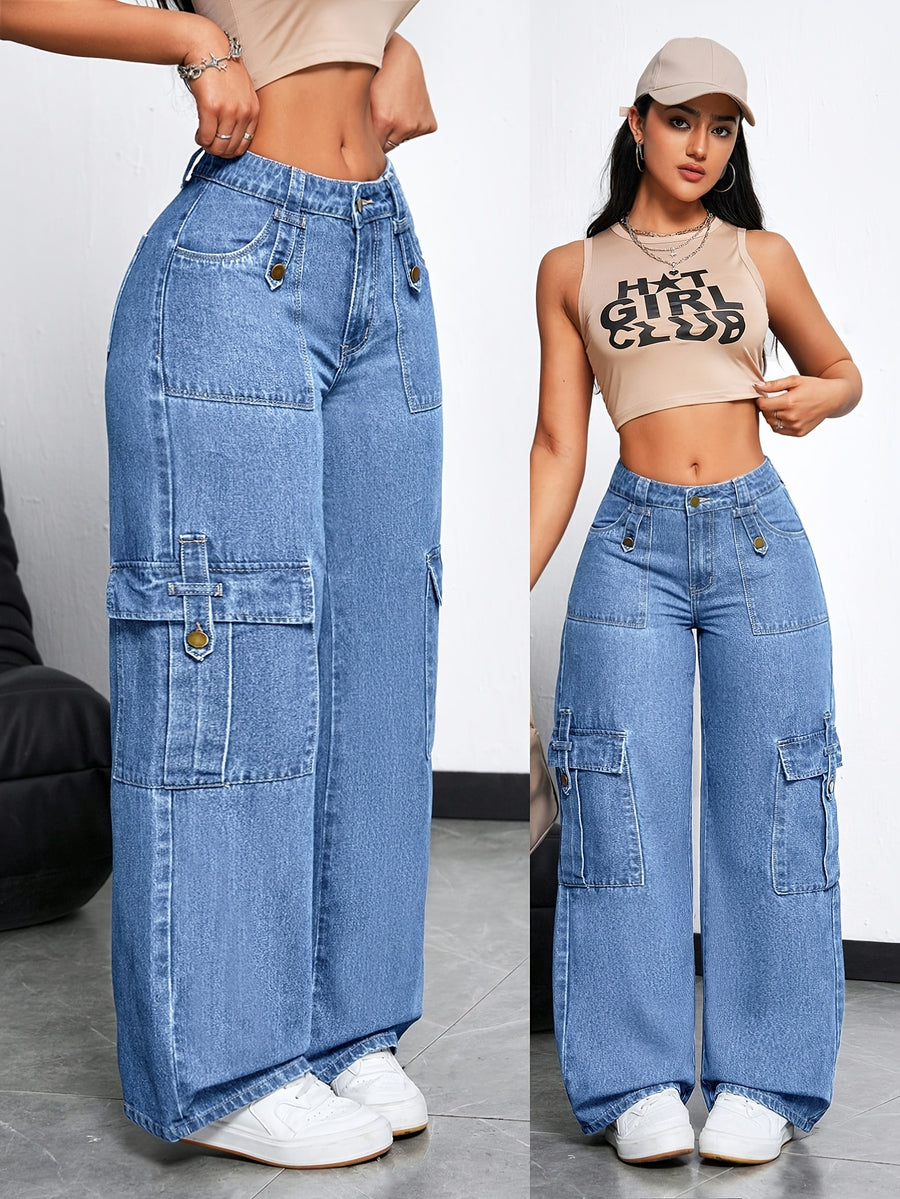 Women'S Slight Stretch Multi-Pocket Baggy Trousers, Individual Decor Natural Wash Craft Straight Wide Cargo Faux Denim, Trendy Street Styledenim - Light Blue