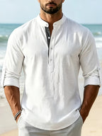 Men'S Fashion Casual Color Block Shirt, All Season, Breathable, Button, Regular Fit, Lapel, Short Sleeve - White